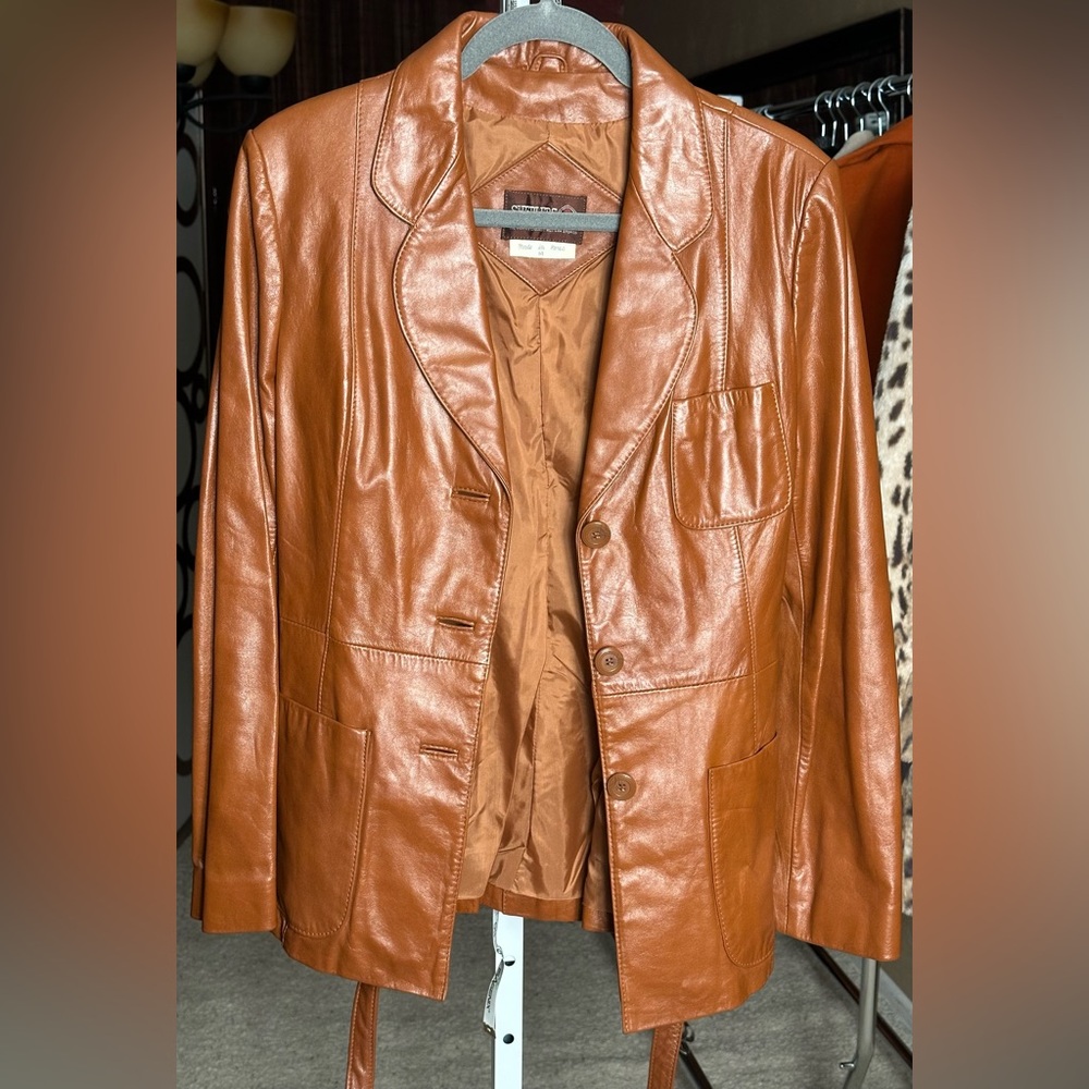 Vintage Sheplers Leather Blazer Belted Cognac Western Jacket 14 - Picture 4 of 11